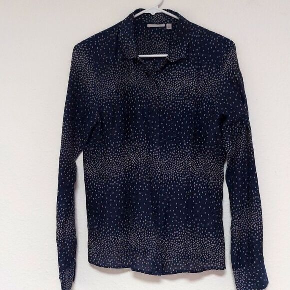 Silk & Cotton Blue Abstract Semi-Sheer Button Up Blouse Size Small - Picture 1 of 8
